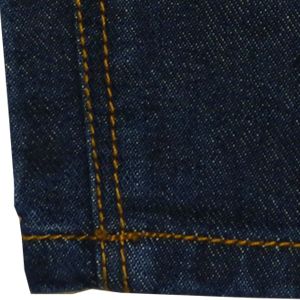 dark blue denim fabric with orange thread
